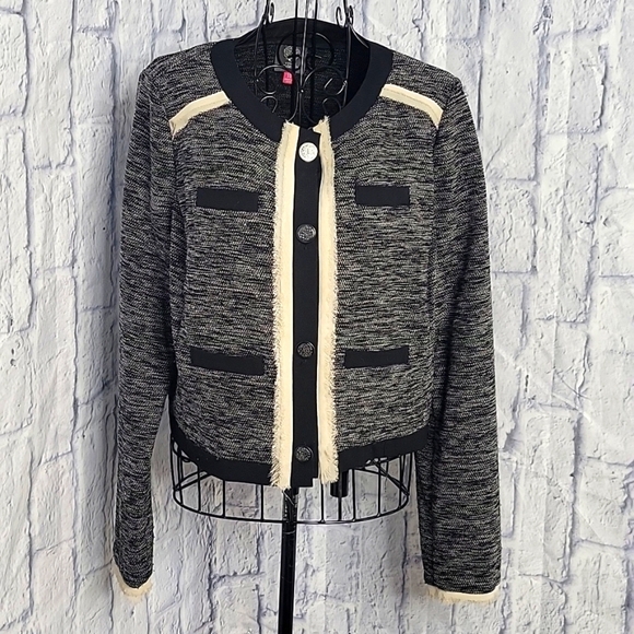 **VINCE CAMUTO‎ Black and Cream Tweed Short Jacket Size 10 - Picture 1 of 11